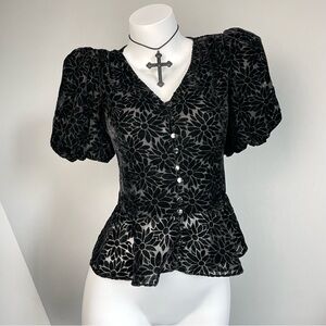 Vintage Black Floral Puff Sleeve Peplum Top